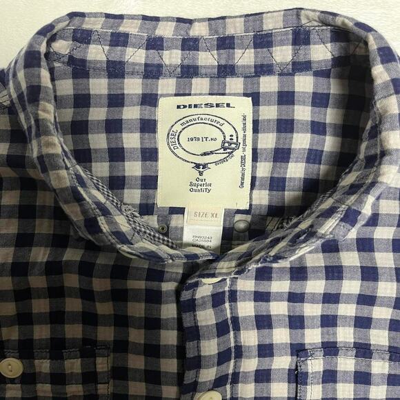 Diesel Gingham Plaid Oxford Shirt Men's XL Blue Button Up Cotton but Feels Linen - Picture 3 of 12